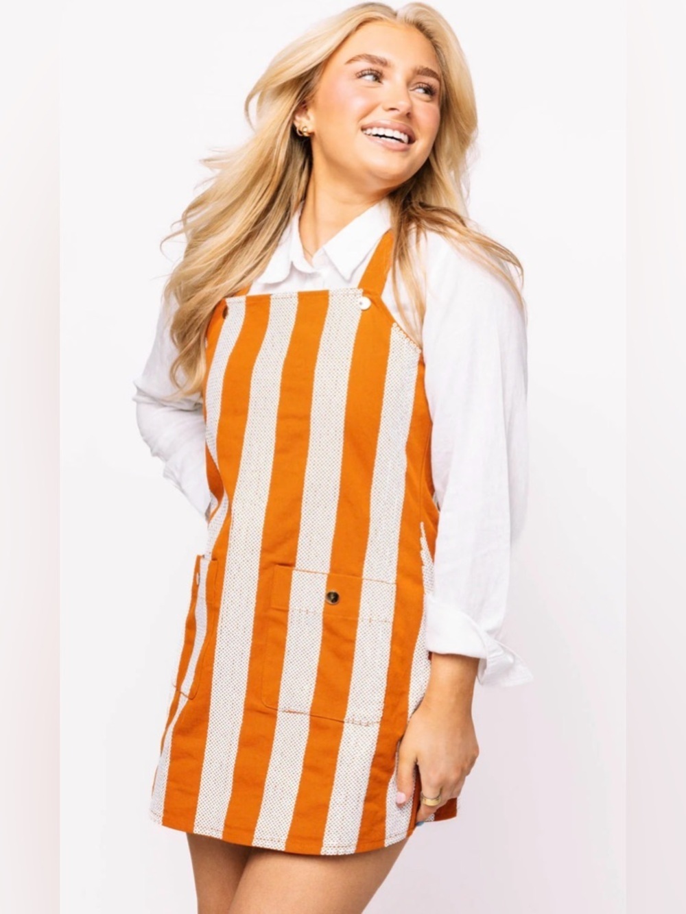 QUEEN OF SPARKLES Rust Orange and White Striped Pinafore Dress Xs Texas